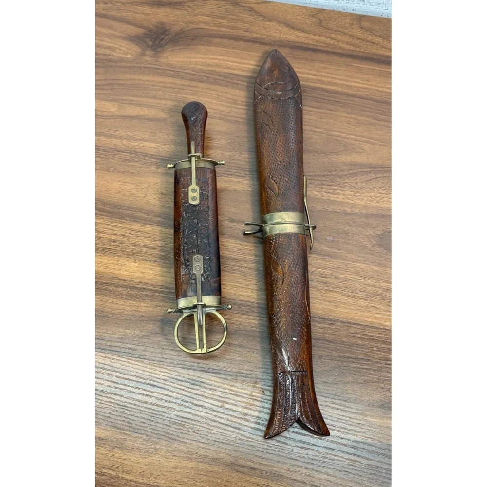 VINTAGE India Hand Carved Wood and Brass Letter Opener Scissors and Knife Set